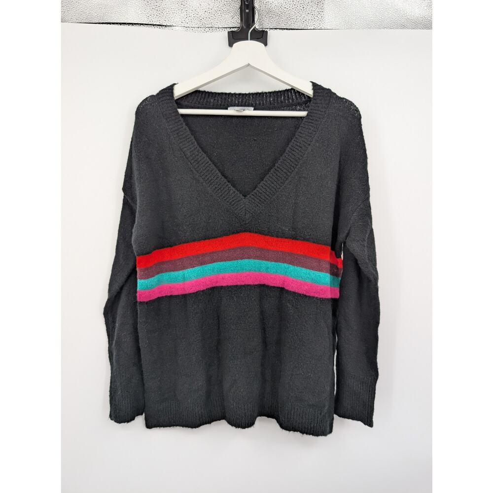Allison Joy V-Neck Pullover Sweater Stripe Wool Blend Preppy Lounge Errands Sm